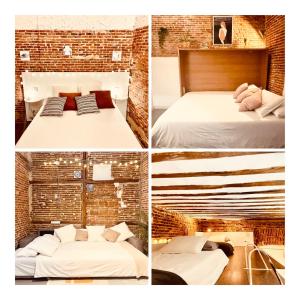 4 fotos de un dormitorio con 2 camas y una pared de ladrillo en calle Amparo100 Red brick loft for 8 Madrid Lavapies en Madrid