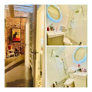 two pictures of a bathroom with a toilet and a sink at calle Amparo100 Red brick loft for 8 Madrid Lavapies in Madrid