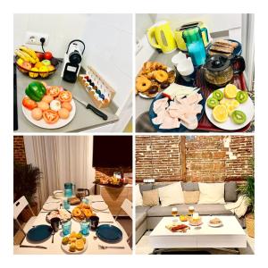 a collage of pictures of food on a table at calle Amparo100 Red brick loft for 8 Madrid Lavapies in Madrid