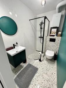 La salle de bains est pourvue d'un lavabo, de toilettes et d'un miroir. dans l'établissement Sielskie Apartamenty, à Sandomierz