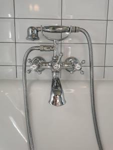 a bath tub with a shower head in a bathroom at Rosige Zeiten, Ferien im Fachwerkhaus in Kommern +15 photos