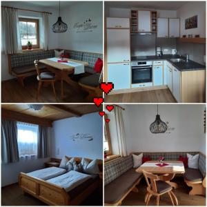 eine Küche und ein Wohnzimmer mit einem Sofa und einem Tisch in der Unterkunft Ferienwohnung Dorfanger in Alpbach