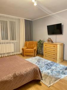 ヤレムチャにあるSadyba U Olgyのベッドルーム(ベッド1台、椅子、テレビ付)