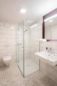 a bathroom with a shower and a toilet and a sink at Ferienwohnung Camping Wagenhausen in Wagenhausen