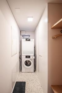 un pequeño lavadero con lavadora y secadora en Ferienwohnung Camping Wagenhausen en Wagenhausen