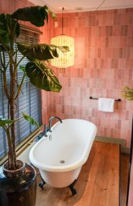 La salle de bains est pourvue d'une baignoire blanche et d'une plante en pot. dans l'établissement Villa la Vida, à Tilbourg