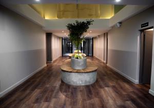 a large hallway with a table with a plant in it at BlackBrick Sandton Two in Johannesburg