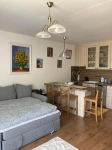 a living room with a bed and a kitchen at Beatrix apartman in Balatonőszöd