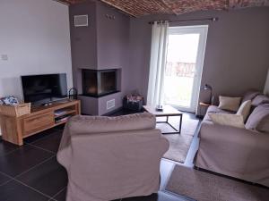 a living room with two couches and a flat screen tv at Gite des étangs à Montzen in Plombières