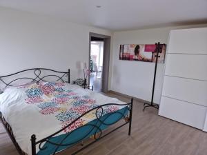 1 dormitorio con 1 cama con un edredón colorido en Gite des étangs à Montzen en Plombières