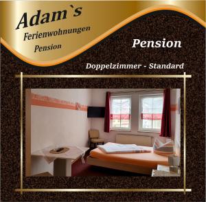a poster of a bedroom with a bed and windows at Adams Pension und Ferienwohnungen in Mühlhausen