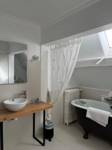 La salle de bains est pourvue d'une baignoire, d'un lavabo et d'une baignoire. dans l'établissement Château de Nazelles Amboise, à Nazelles-Négron