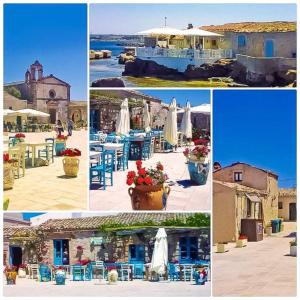 un collage di quattro fotografie di tavoli e ombrelloni di La Casa sulla Spiaggia a Marzamemi
