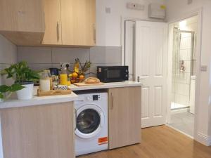 een keuken met een wasmachine op een aanrecht bij New - Cosy London studio in quiet street near parks 1071gr fl in Londen