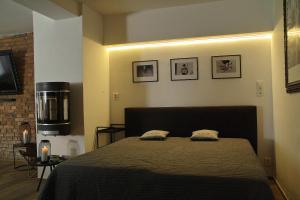 1 dormitorio con 1 cama con 2 almohadas en Wellness Gallery Apartments, en Liberec