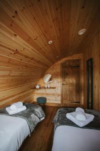 a room with two beds in a log cabin at Bluebell in Rhayader +16 photos
