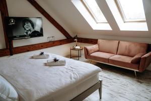 a bedroom with a bed and a couch and a tv at Apartments of Hana Hegerová in Hurbanovo
