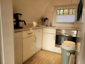 Elle comprend une petite cuisine avec des placards blancs et une fenêtre. dans l'établissement Ferienhaus Heide Knirps, à Schneverdingen