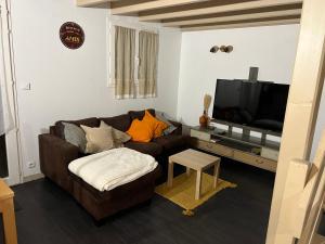 sala de estar con sofá marrón y TV de pantalla plana en Petite Pause Oléronaise en La Cotinière
