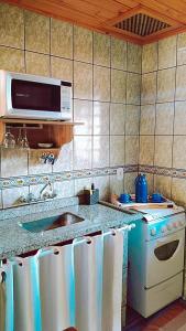 a kitchen with a sink and a microwave at Chales Encanto Suíço in Monte Verde