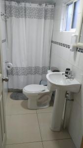 ein weißes Bad mit einem WC und einem Waschbecken in der Unterkunft CABAÑAS REY-MAR in Castro