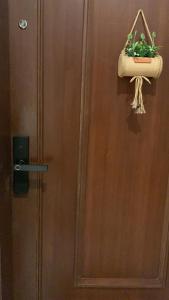 Eine Tür mit einer Pflanze in einem Topf darauf. in der Unterkunft الكوخ العثماني غرفة وصالة وفناء خارجي وسيع in Dschidda
