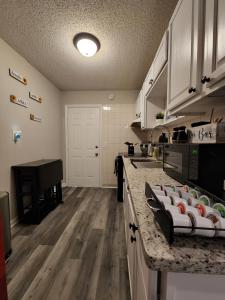 a kitchen with a counter with a stove top oven at Comfortable 2bed1bath Unit Sleeps 4 Close To Town Center Downtown Beach Mayo Clinic in Jacksonville
