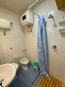 uma casa de banho com um WC, um lavatório e um chuveiro em Bellavista 5 Confini em Terminillo