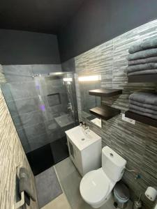 a bathroom with a white toilet and a shower at Casa Deluxe Aeropuerto in Ojos de Garza