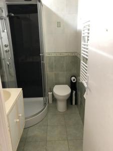 a small bathroom with a toilet and a shower at Maison 90 m2, 5 min du Port, 15 min des Criques à Pied in Port-Vendres