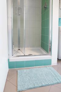 a shower with a glass door and a rug at MAVI'S HOME in Chiari