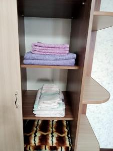 a closet with purple towels on a shelf at Квартиры in Shchūchīnsk