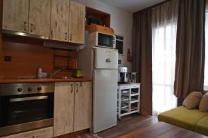 a kitchen with a white refrigerator and a microwave at Апартамент Edelweiss in Beli Iskar