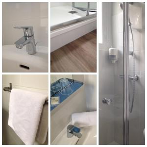 a collage of pictures of a bathroom with a shower at Little Lodge Hôtel in Brest