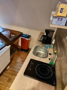 a kitchen counter with a sink and a coffee maker at Waldquelle Plauen in Plauen
