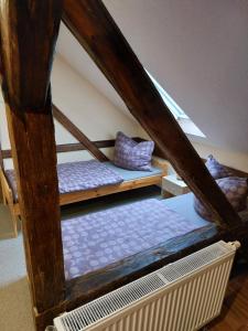 a bedroom with two bunk beds in a attic at Waldquelle Plauen in Plauen