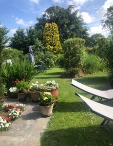 un jardín con un banco y flores y plantas en B&B Carisma en Lochristi