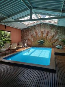 a large swimming pool in a room with a stone wall at Pousada Alfa e Ômega in Alto Paraíso de Goiás