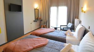 a hotel room with two beds and a television at King Alexander in Florina