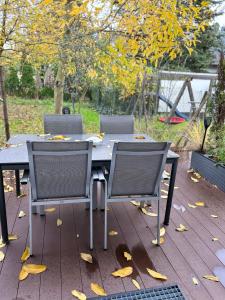einen Tisch und Stühle mit Blättern auf einer Terrasse in der Unterkunft Apartment Mia in Bad Schonborn