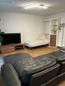 a living room with a leather couch and a tv at Apartment Mia in Bad Schonborn