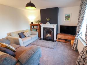 a living room with a couch and a fireplace at Olive Tree Cottage in Louth