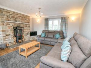 a living room with a couch and a fireplace at Pen Y Banc in Builth Wells