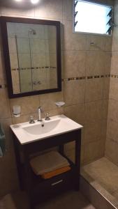 y baño con lavabo, espejo y ducha. en Casa Doña Nelly - Sierras, naturaleza, y descanso en Villa Yacanto
