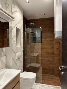 uma casa de banho com um WC, um chuveiro e um lavatório. em Apartman GLECER KOP em Kopaonik