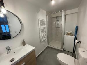 a bathroom with a shower and a toilet and a sink at Superbe T3 Duplex proche Paris & Disneyland in Ozoir-la-Ferrière