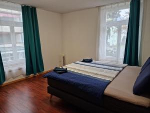 1 dormitorio con 1 cama y 2 ventanas con cortinas verdes en Swiss Holidays Apartment Rosenstrasse 10, en Interlaken