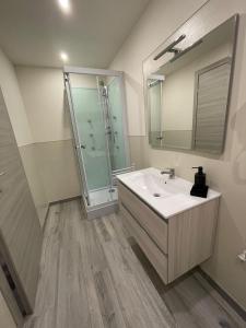 uma casa de banho com um lavatório, um chuveiro e um espelho. em Rent room Iacopo em Capannori