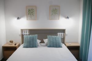 São Pedro Country House في كامبو مايور: غرفة نوم مع سرير ووسائد زرقاء
