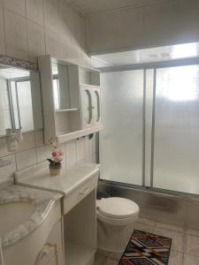 La salle de bains blanche est pourvue de toilettes et d'un lavabo. dans l'établissement Acogedora casa céntrica en Panguipulli, à Panguipulli